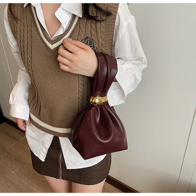 Solid Color PU Leather Handbag Pleated Cloud Shaped Women Bucket Bag, Fashionable Burgundy Women's Luxury Bag
