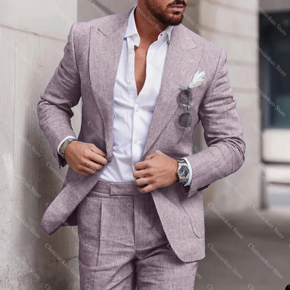 Fashion Linen Suits for Men High Quality Peak Lapel Double One Button Male Suit Slim Chic Casual Wedding Tuxedo 2 Piece Costume