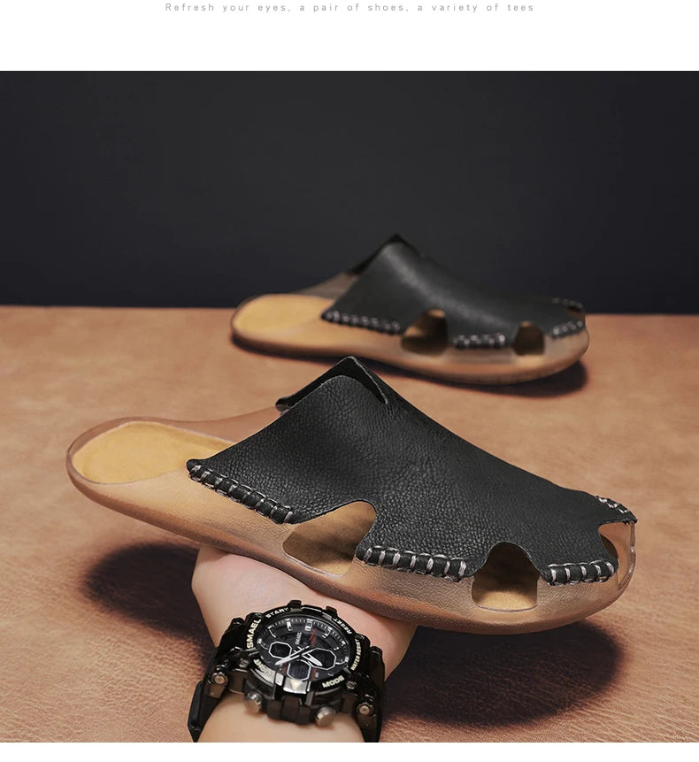 Large Men's Summer Leather Sandals Slippers Soft Sandals Men's Roman Comfortable Outdoor Walking Shoes 38-48