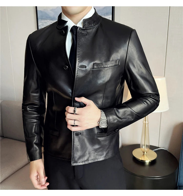 Autumn  Chinese Style Stand Up Collar Leather Jacket Men's Motorcycle Jackets High-end Casual Business Short PU Leather Coats