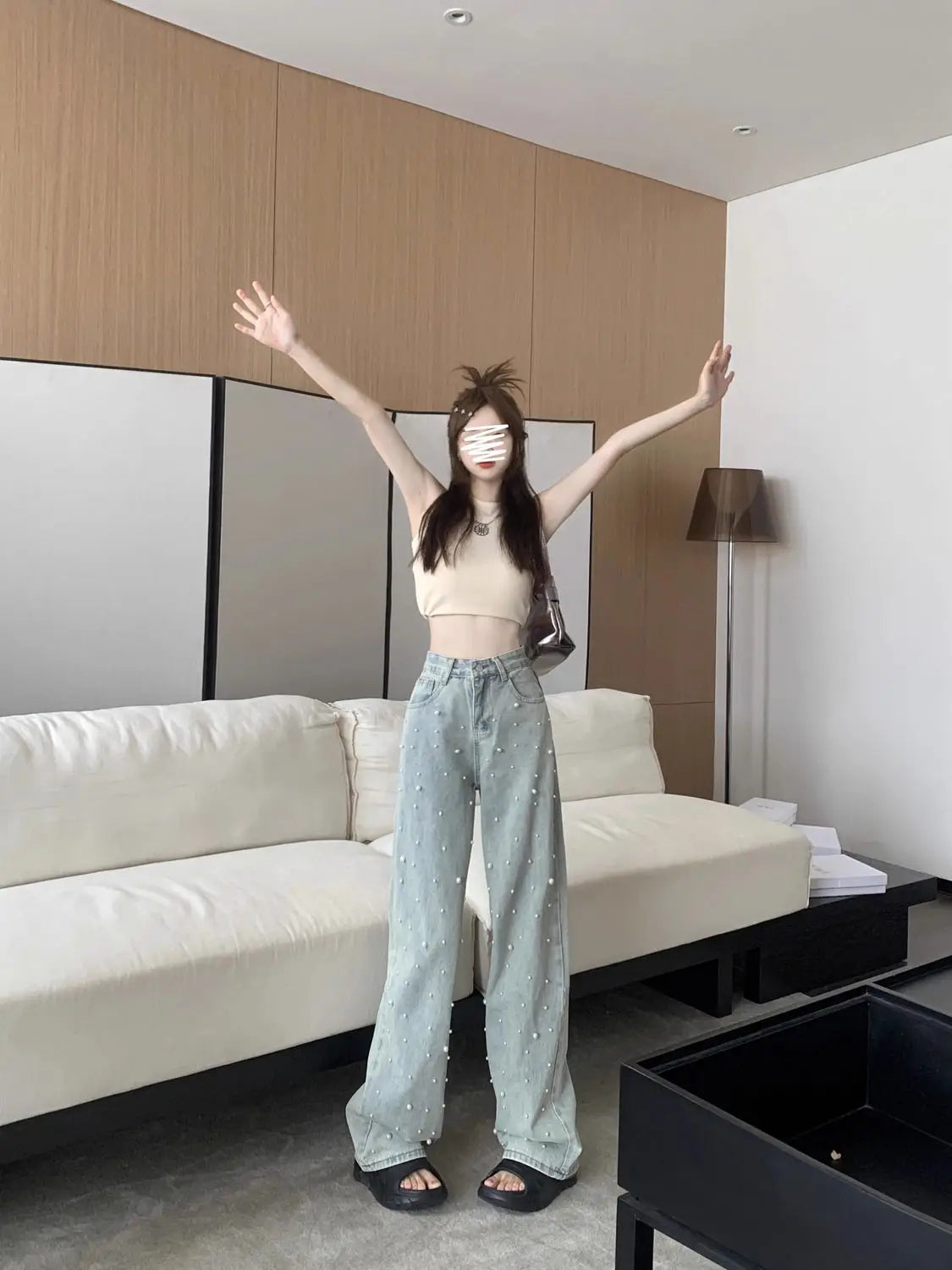 Women's Jeans High Waist Straight Blue Beaded Pearls Denim Pants Spring Autumn Chic Streetwear Design Baggy Jeans Women Clothing