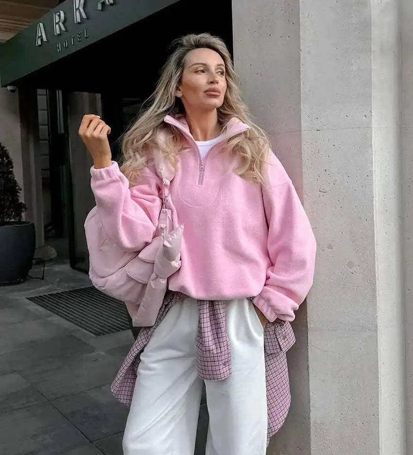 UCXQ Fashion Pullover Sweatshirt European Style Solid Color Long Sleeve All Match Loose Casual Top Women 2025 Spring Autumn 1497