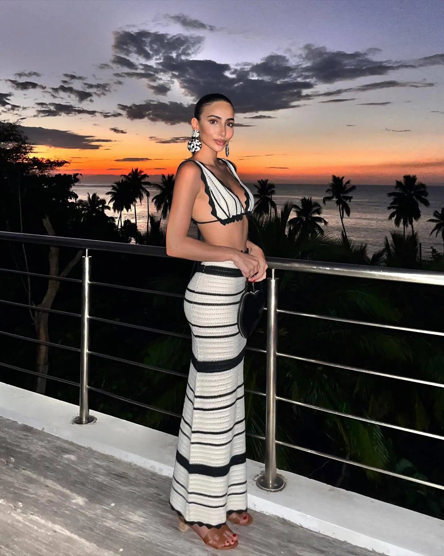 Tossy Knit Striped 2 Piece-Set Long Skirt Female Ruffled V-Neck Casual Beach Holiday Contrast Outfits Knitwear Maxi Skirt Sets