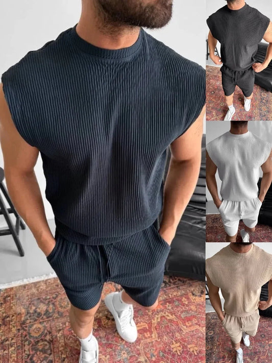2025 New Men's Round-Neck Corduroy Solid Color Casual Vest & Shorts Set Striped Sleeveless Printed Two-Piece Men Clothing