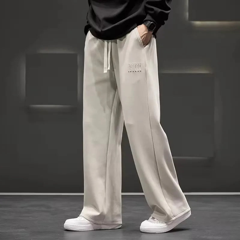 Autumn New Men Knitted Sports Pant Steel Stamp Printing Wide Leg Casual Trousers Straight Solid Lightweight Cotton Fabric Unisex