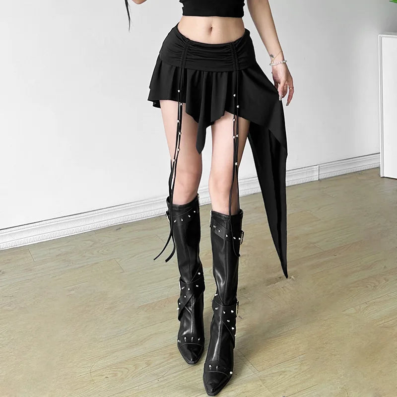 Goth Dark Mall Gothic Dropped Waist Drawstring Mini Skirt Punk Grunge Women Irregular Hem A-line Skirts Chic E-girl Techwear Y2K