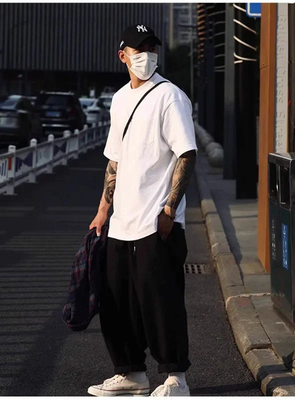 Heavyweight Pocket Short Sleeve T-Shirt Pure Cotton White Base Shirt Top for Men And Women Spring Casual Breathable Crew Neck