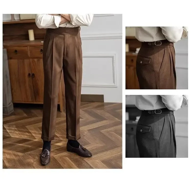 High-waisted Casual Straight-leg Suit Pants For Men Autumn Vintage Draped Waist Trousers Naples Retro Style Business Formal Wear