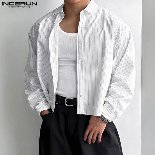 INCERUN Tops 2025 Korean Style Men's Casual Simple Striped Cropped Shirt Fashion Streetwear Male Hot Selling Long Sleeved Blouse
