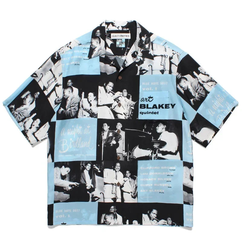 Summer Blue Letters Embroidery WACKO MARIA Shirts Men Women Graphics Print Hawaiian Short Sleeve Tee Casual Fashion Beach Shirt