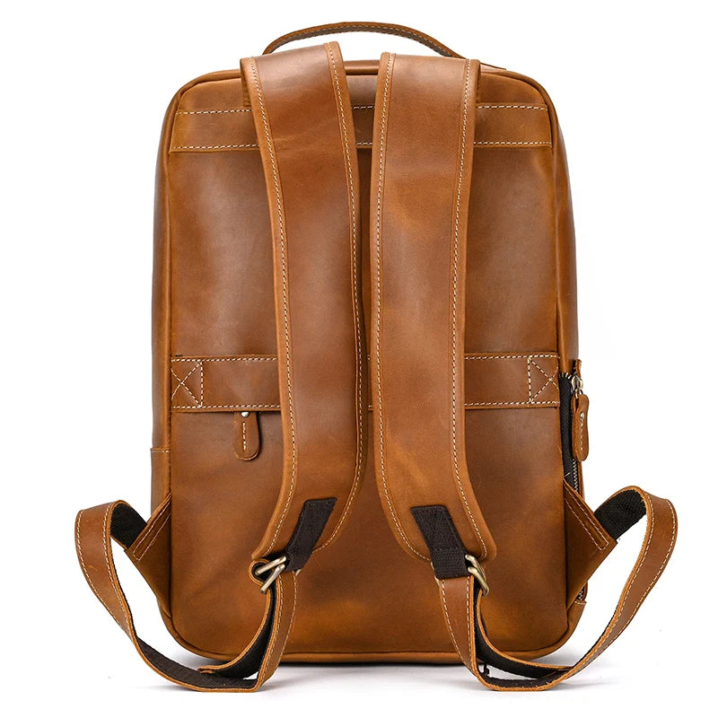 Vintage Travel Backpack leather double zipper bagpack male crazy horse leather backpack handmade leather travel bag men bag