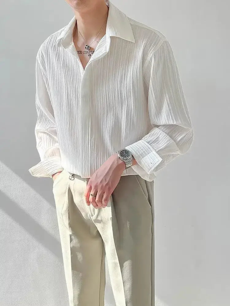 Trendy Stylish Striped No-iron Shirt Autumn Texture Top Korean Version Loose-fit Casual Long Sleeves Shirt For Men