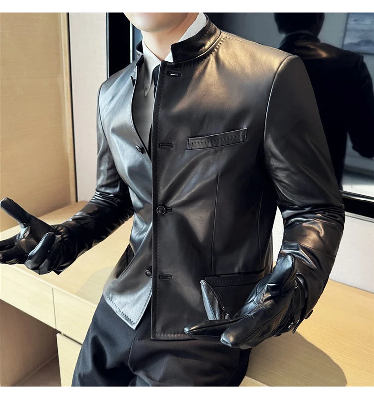 Autumn  Chinese Style Stand Up Collar Leather Jacket Men's Motorcycle Jackets High-end Casual Business Short PU Leather Coats