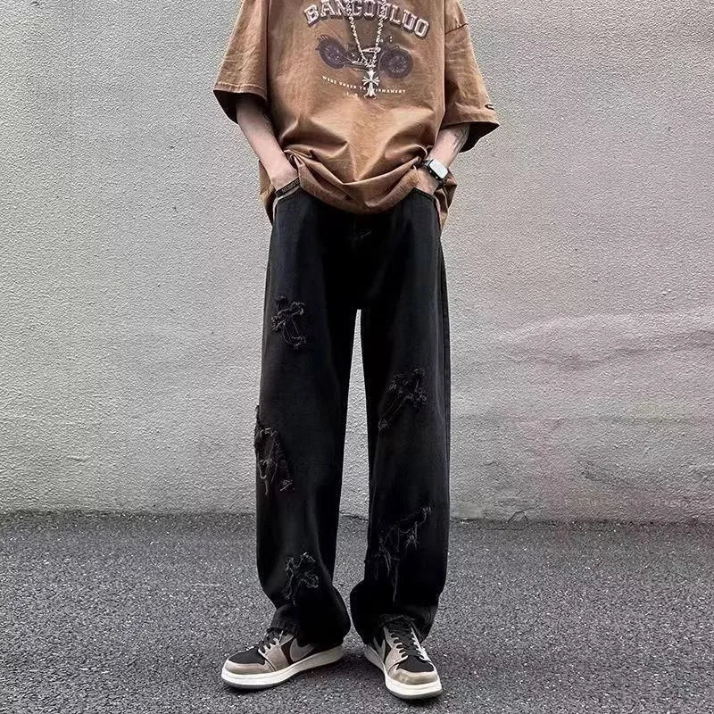 Men Straight Leg Denim Jeans Male New Fashion Casual Loose High Street Y2k Pants New Wide Leg Hip Hop Black Blue Pants
