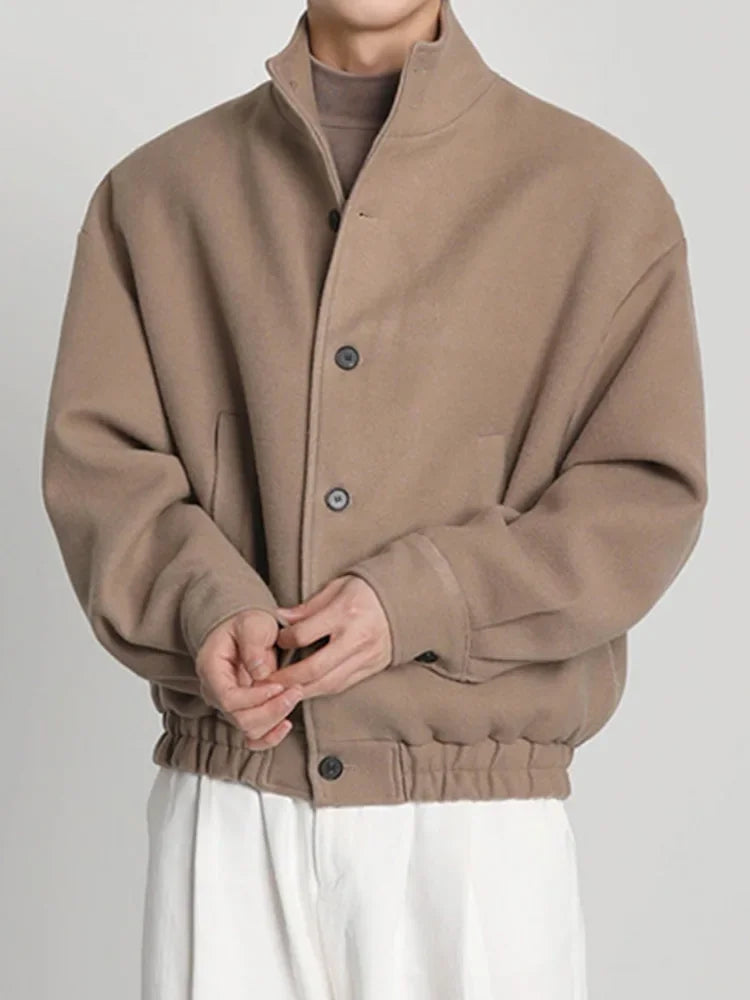Autumn Winter Men's Fashion Stand Collar Jacket Woolen Coat British Style Baseball Design Workwear Thin Model Summer Suitable