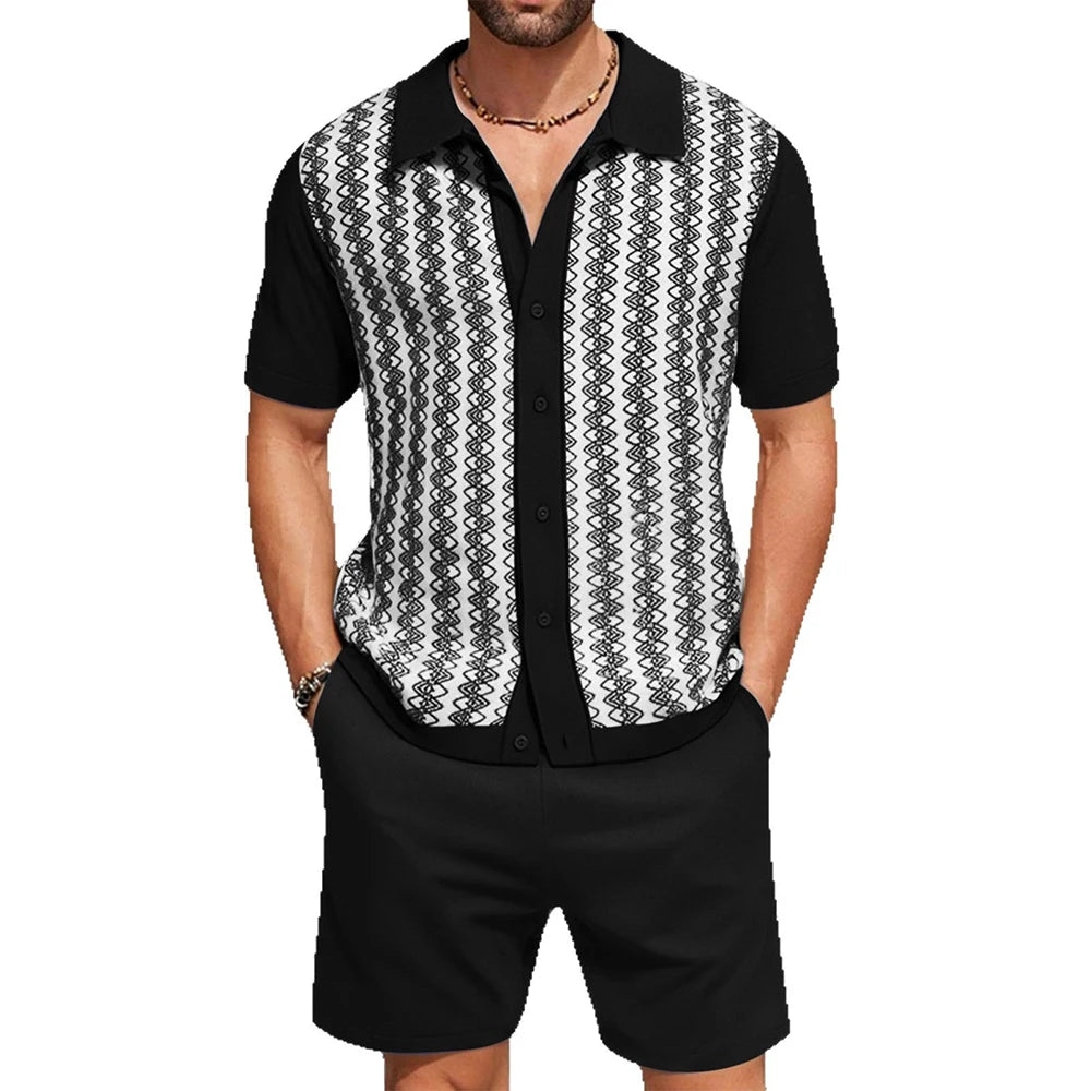 Men's Cardigan Knitted Short-Sleeved Shorts Suit Retro Casual Fashion Trend Loose Breathable Daily 2025 Summer New Men's Suit