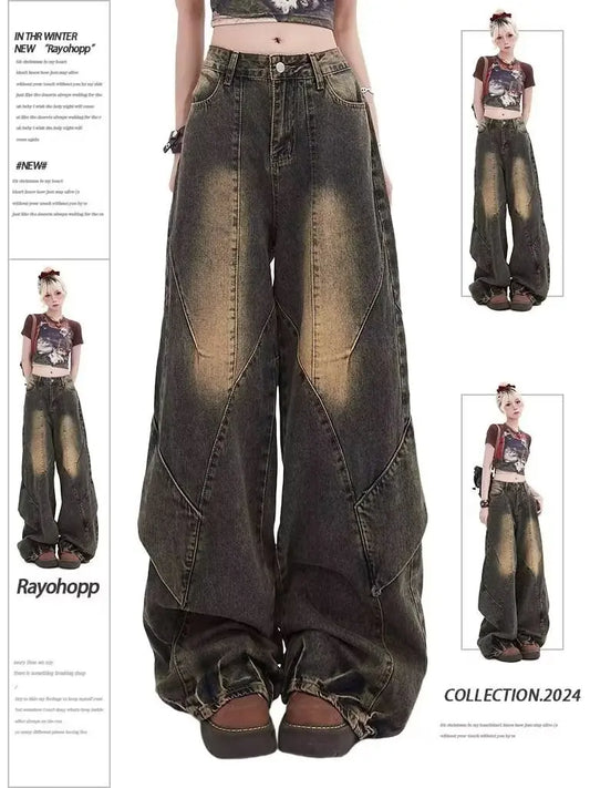 2024 Women's Baggy Jeans Harajuku 90s Aesthetic Y2k Denim Trousers High Waist Cowboy Pants  Wide Leg Straight Pants