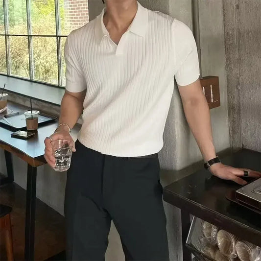 Summer New Light Maturity Knitted Polo Shirt Men's Korean Style Slim Fit Collar Pure Color Casual T-Shirt Cross-Border