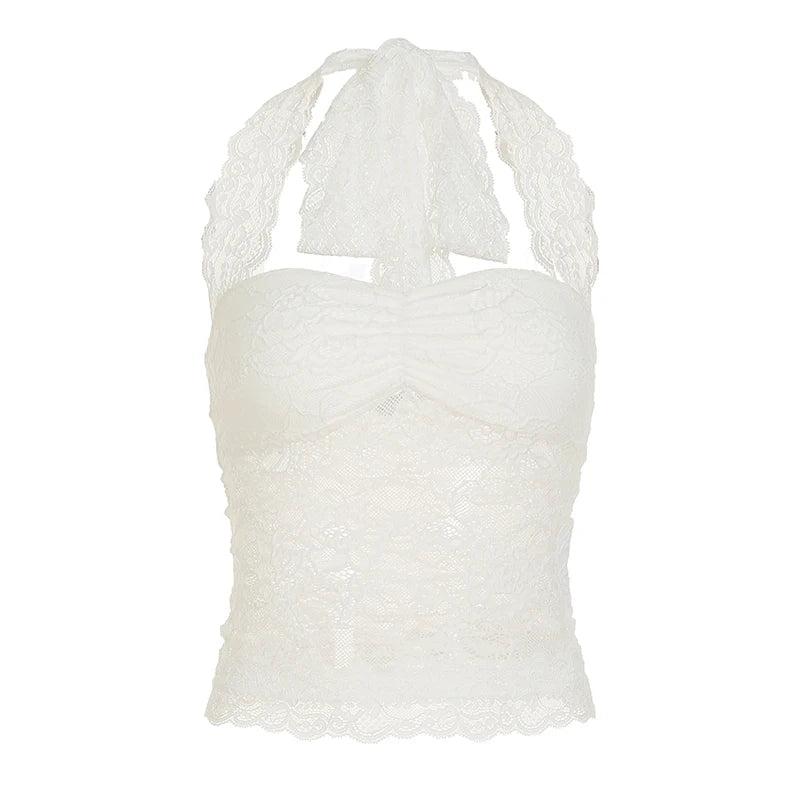 Cuteandpsycho Sexy Lace Patchwork Y2K Camisoles Backless Transparent Slim Outfits Party 90s Vintage Clubwear Halter Neck Tops