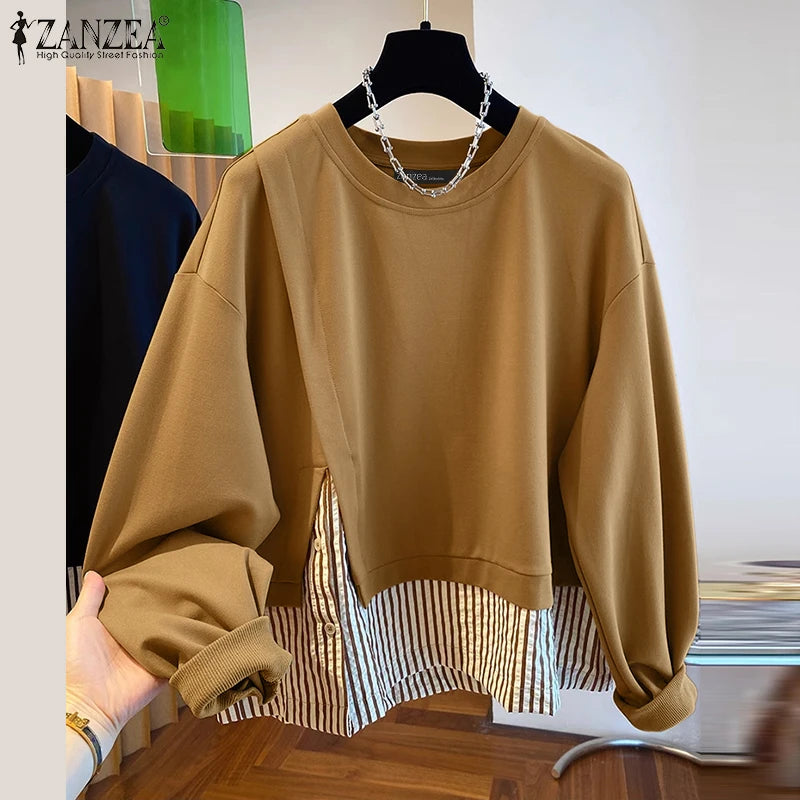 ZANZEA Women Long Sleeve Hoodies 2024 Autumn Fake Two Piece O-Neck Sweatshirt Fashion Loose Stripes Splicing Front Slit Pullover