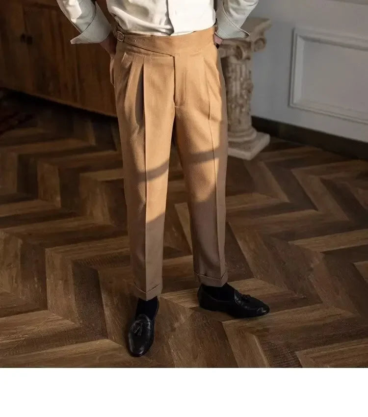 High-waisted Casual Straight-leg Suit Pants For Men Autumn Vintage Draped Waist Trousers Naples Retro Style Business Formal Wear