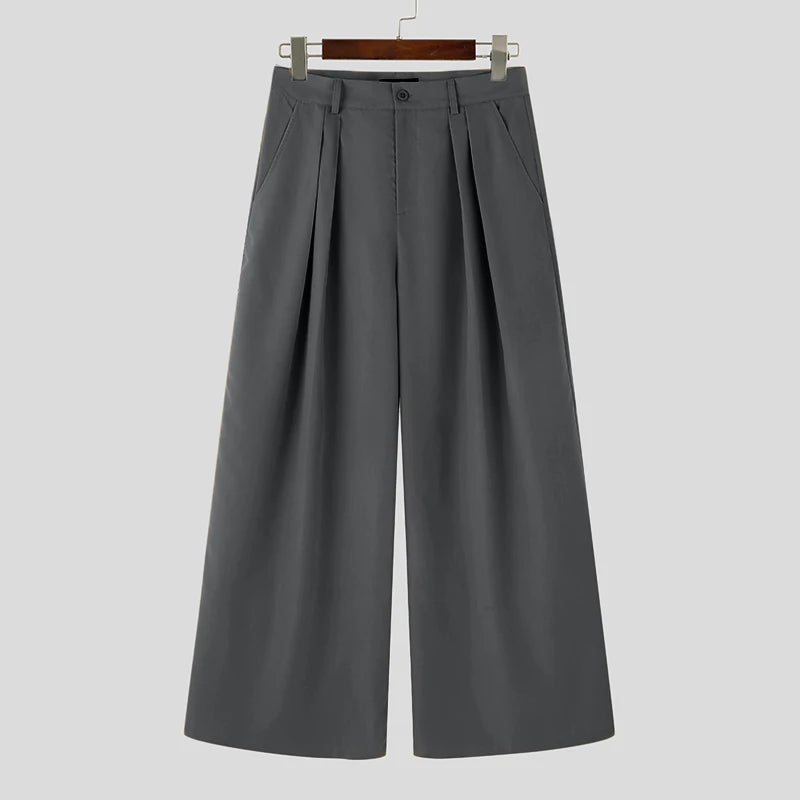 INCERUN Men Wide Leg Pants Solid Color Button Joggers Loose Pleated Casual Trousers Men Streetwear 2024 Fashion Long Pants S-5XL