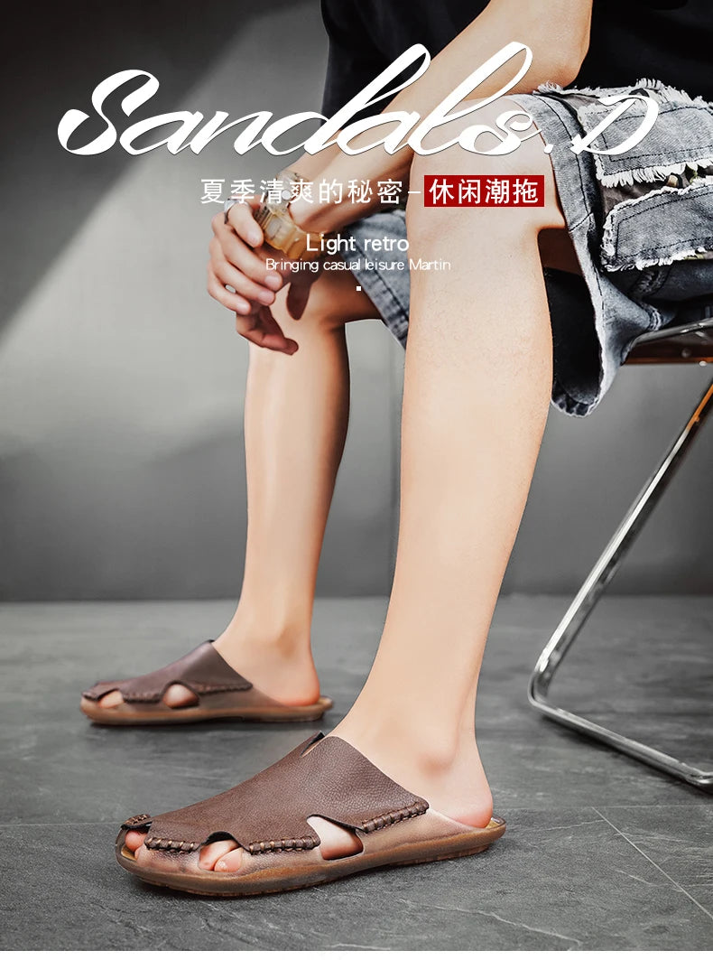 Large Men's Summer Leather Sandals Slippers Soft Sandals Men's Roman Comfortable Outdoor Walking Shoes 38-48