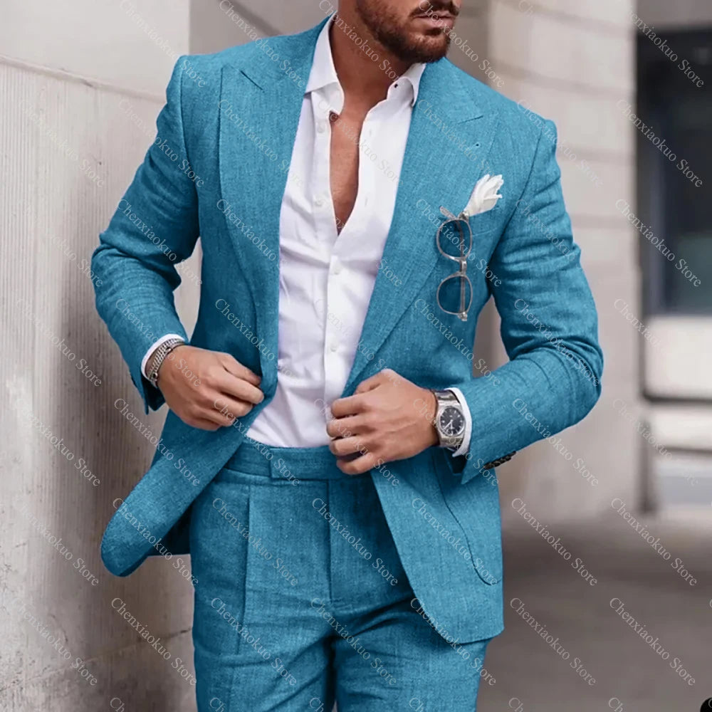 Fashion Linen Suits for Men High Quality Peak Lapel Double One Button Male Suit Slim Chic Casual Wedding Tuxedo 2 Piece Costume