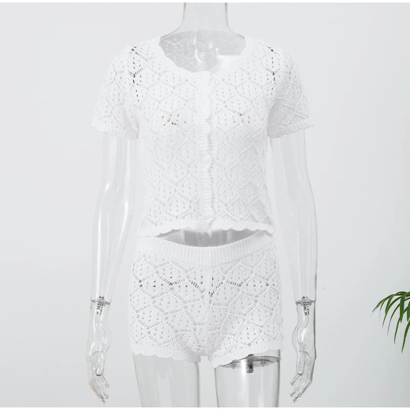 Sexy Women Crochet Hollow Out Patchwork Top Suits Fashion Round Neck Cardigan Crop Shorts Sets Summer Female Beach Party Outfit