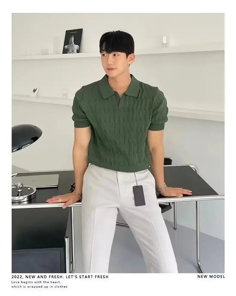 Summer New Light Maturity Knitted Polo Shirt Men's Korean Style Slim Fit Collar Pure Color Casual T-Shirt Cross-Border