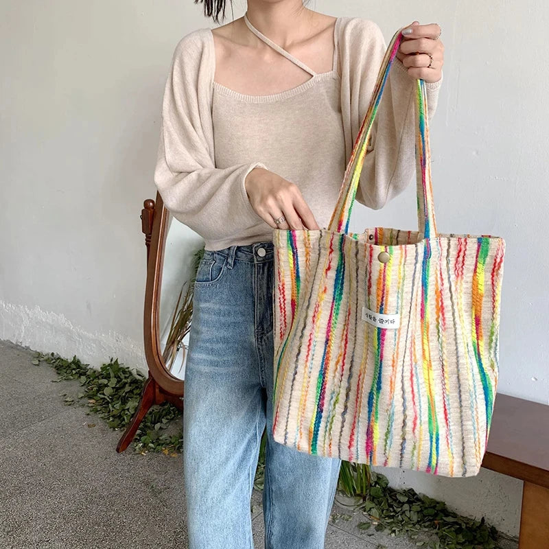 JIOMAY Handbags for Women 2024 Designer Beach Bag Casual with Buckle Cute Tote Bags Stripes Shopper Rainbow Canvas Shoulder Bag