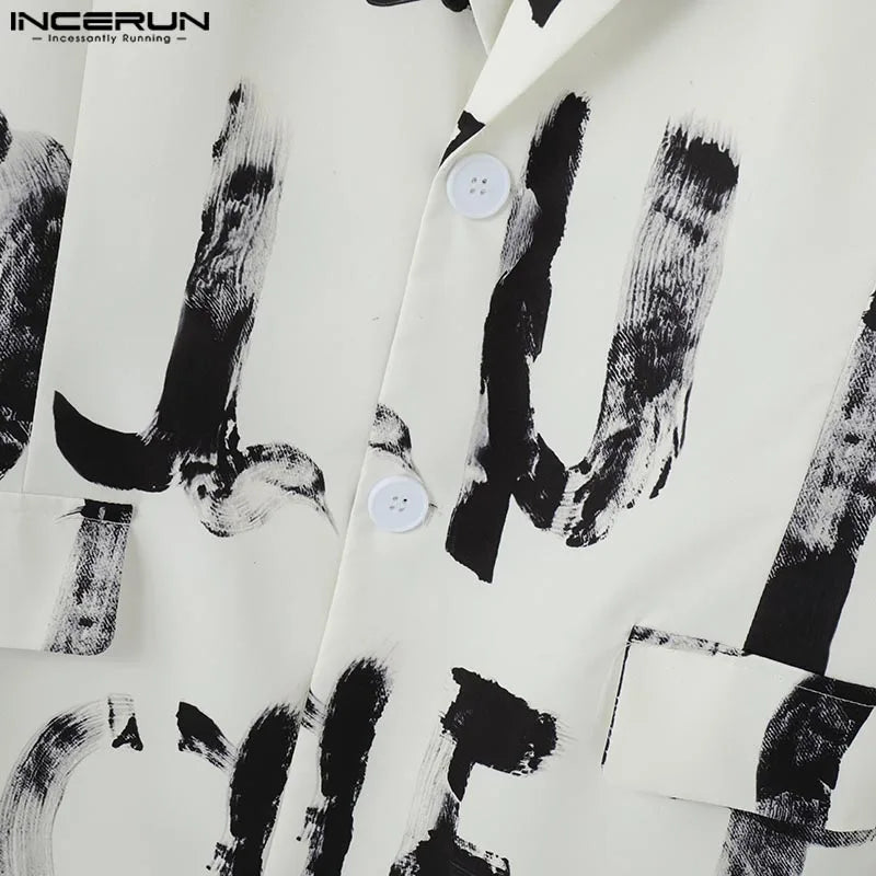 Fashion Casual Style Tops INCERUN Handsome Men's Art Hand-painted Letter Suit Coat Streetwear Male All-match Long Sleeved Blazer