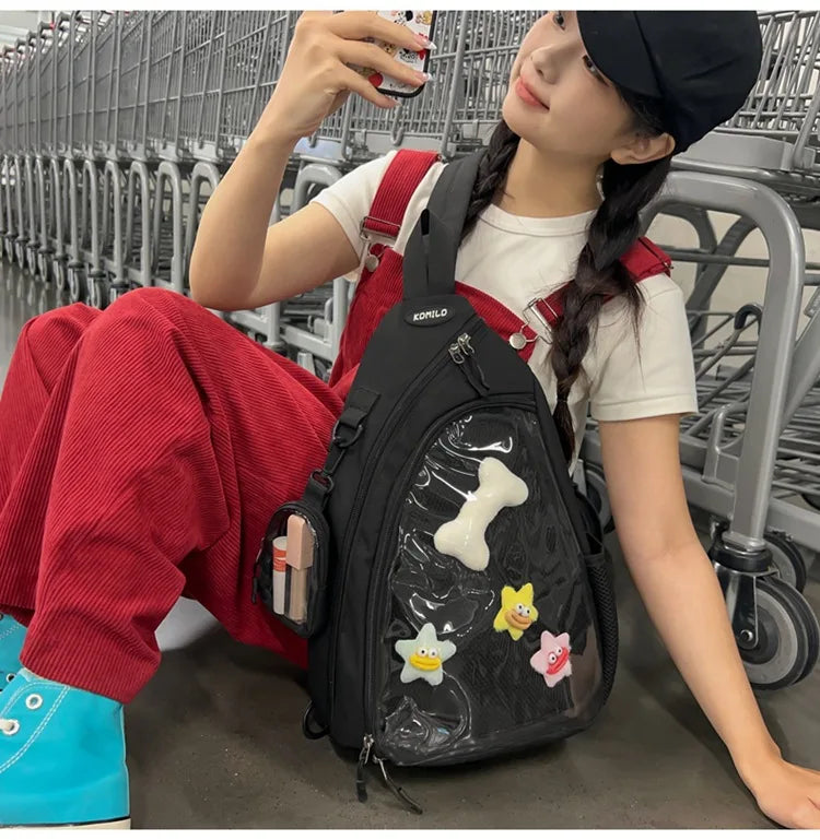 Casual Travel Transparent Zipper Shoulder Bag Vintage Women All Match Simple Ita Bag Y2K Girls Fashion Crossbody Bags Handbags