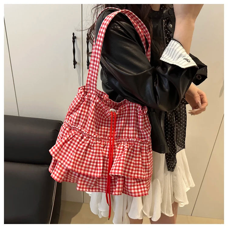 Korean Sle Large Capaci Canvas Tote Bag Blue Plaid Single oulder Skirt Pleated Gown Bag Faionable Casual Handbag