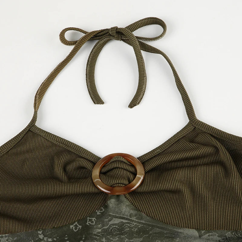 Sweetown Retro Forest Green Vintage Print Boho Y2K Camisole Backless Halter Tie Asymmetrical Tops Women Summer Vacation Clothing
