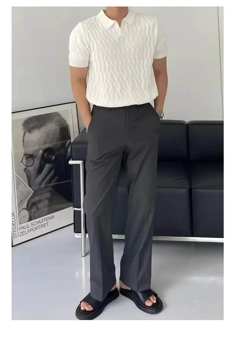 Summer New Light Maturity Knitted Polo Shirt Men's Korean Style Slim Fit Collar Pure Color Casual T-Shirt Cross-Border