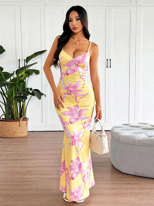Women Sling Maxi Dresses Summer New Streetwear Fashion Print Casual Slim Dress Sexy Backless V-Neck Elegant Lady Dress Clothing