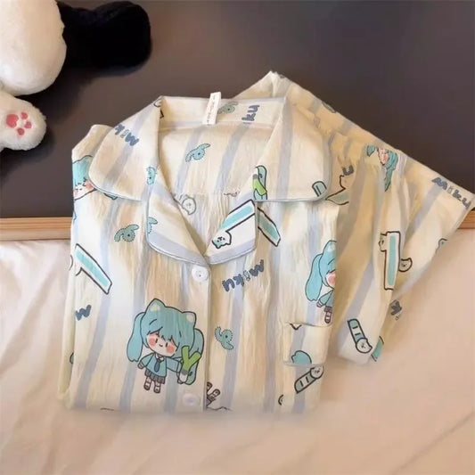 Hatsune Miku Cartoon Anime Thin Cotton Pajamas Two-piece Set Cute Spring and Autumn Student Home Wear Long-sleeved Trousers