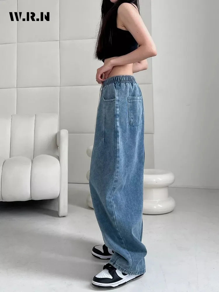 2025 Summer Women's Casual Harajuku Jeans Vintage Loose Elastic Waist Washed Pants Y2K Wide Leg Punk Baggy Denim Trouser