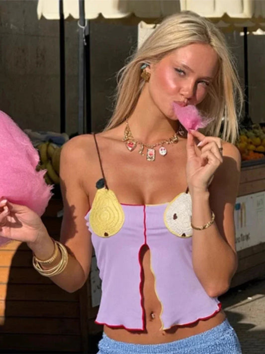 Rib Embroidery Split Tank Top Women Sleeveless Backless Slim Contrast Color Strap Party Vest Summer 2025 Fashion Lady Tops