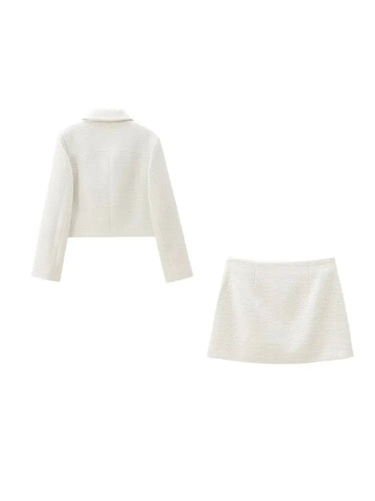 TRZA Women Fashion With Pockets Tweed Jacket Coat And High Waist Side Zipper Mini Skirt Female Two Piece Sets Mujer