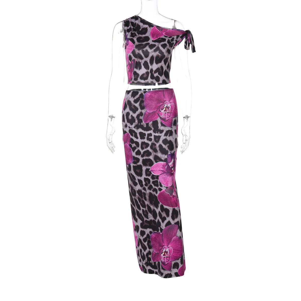 Dulzura Leopard Sexy Elegant Casual 2 Piece Skirt Set Sleeveless Bodycon Lace Up Tank Top Maxi Skirt Matching Set Party Clubwear