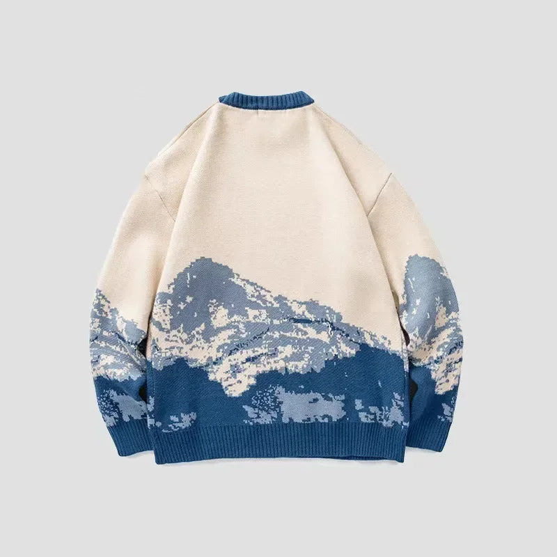 Autumn Winter Trendy Round Neck Men's Sweater Loose-fit Knitted Top Long Sleeve Jacket Casual Scene Snow Mountain System