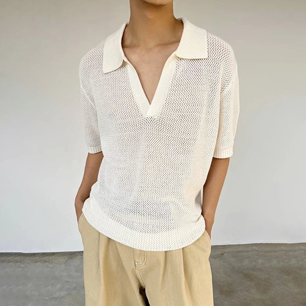 Summer New Men's Hollow Solid Color Knitted Short-Sleeved T-Shirt Retro Fashion Trend Casual Simple Loose Breathable Men's Tops