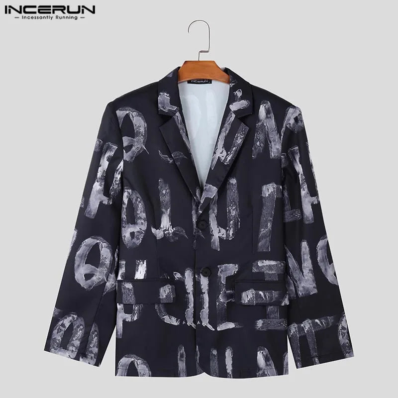 Fashion Casual Style Tops INCERUN Handsome Men's Art Hand-painted Letter Suit Coat Streetwear Male All-match Long Sleeved Blazer
