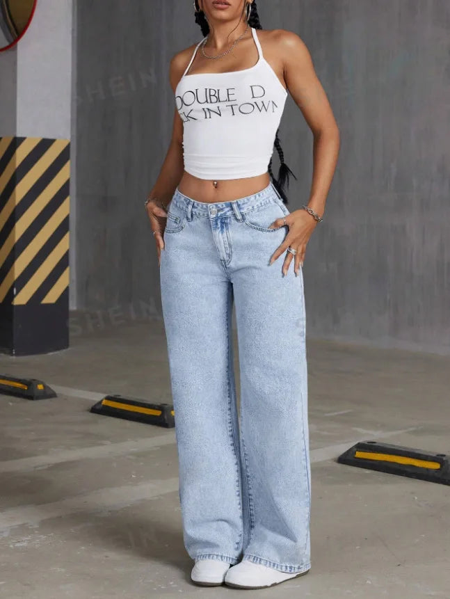Women Wide Leg Boyfriend Jeans Straight Hip Hop Bow Embroidery Denim Pants Low Waist Baggy Jeans Casual Loose Jeans Streetwear