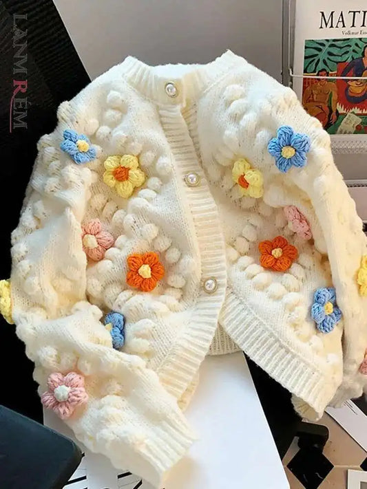 LANMREM 3D Flower Embroidery Knitted Cardigan Women's Long Sleeves Single Braested Contrast Color Sweater 2025 Spring New 2Z2350