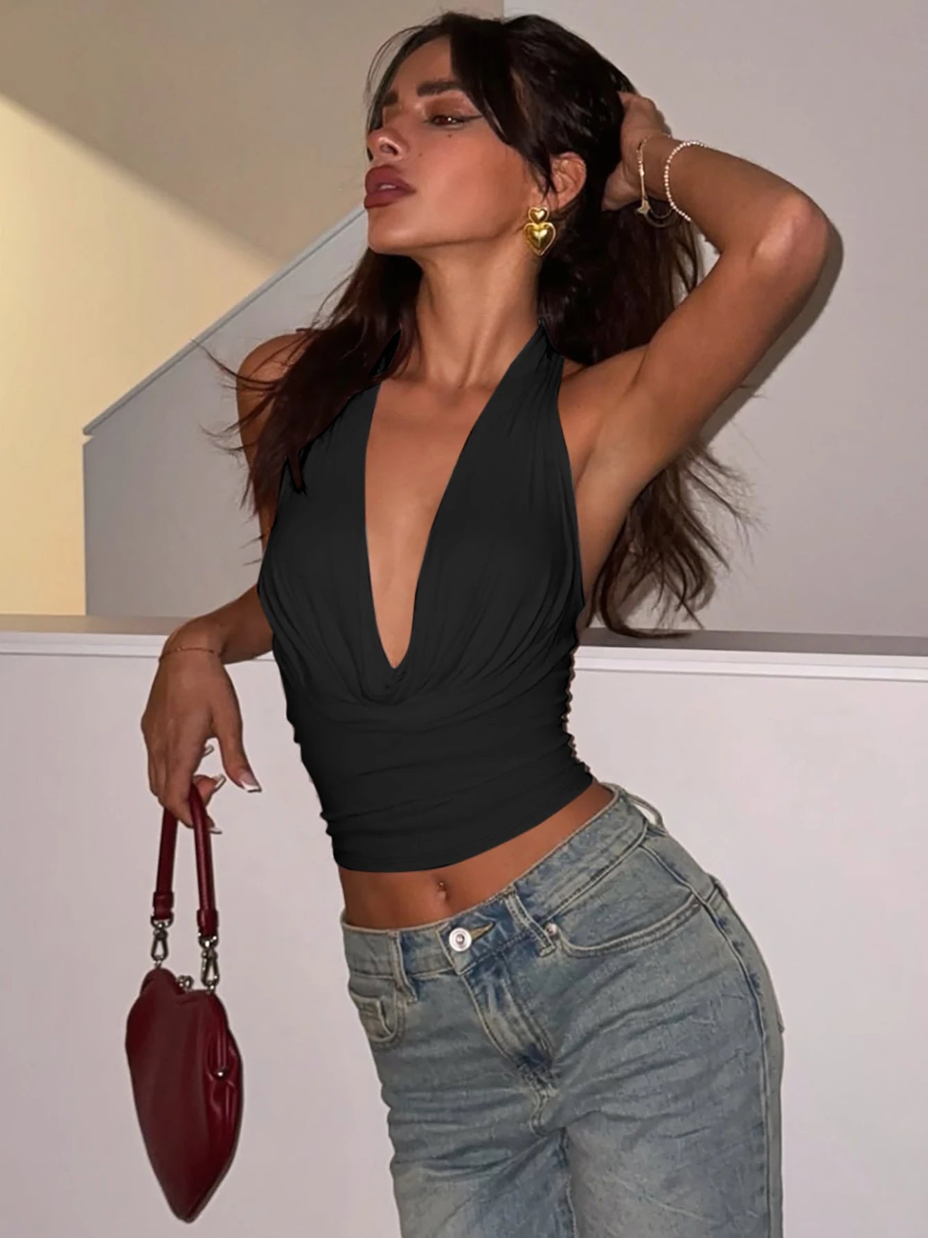 Dulzura Halter Swinging Collar Sleeveless Backless Bodycon Tank Top Solid Sexy Casual Y2K Tops Party Club Street Summer Clothes
