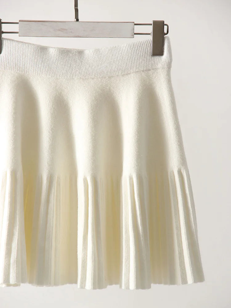 Knitted Pleated School Skirt Women Spring Winter Sexy A-line Women's Skirt Solid Casual High Waist Short Skirts For Woman Black