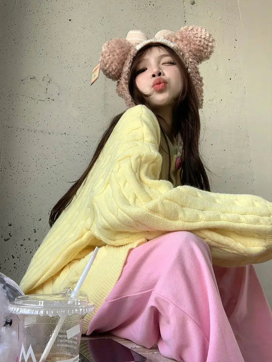 Sweet Cute Girl Yellow Embroidery Sweater Women Clothing Autumn and Winter New Loose Lazy Style Knitted Cardigan Women Tops